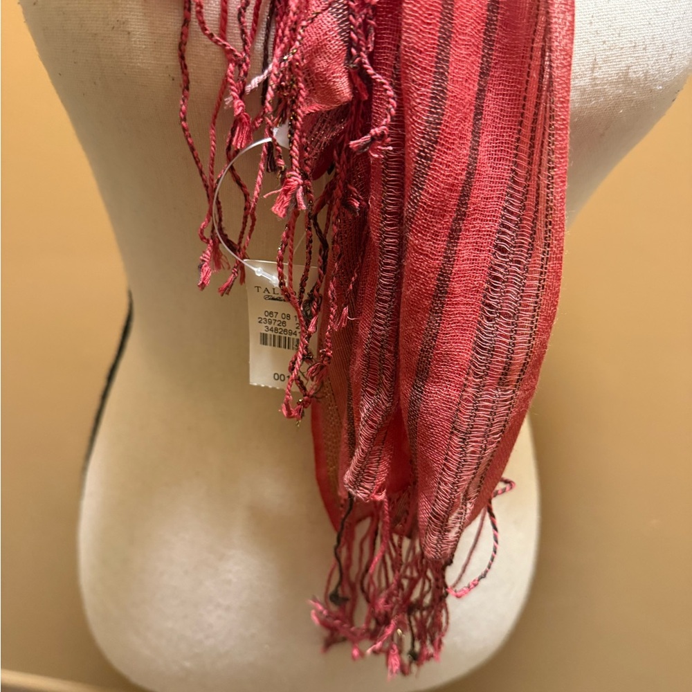 Talbots Red pink Metallic Scarf wrap fringed azlon made in India NWT - Picture 8 of 10